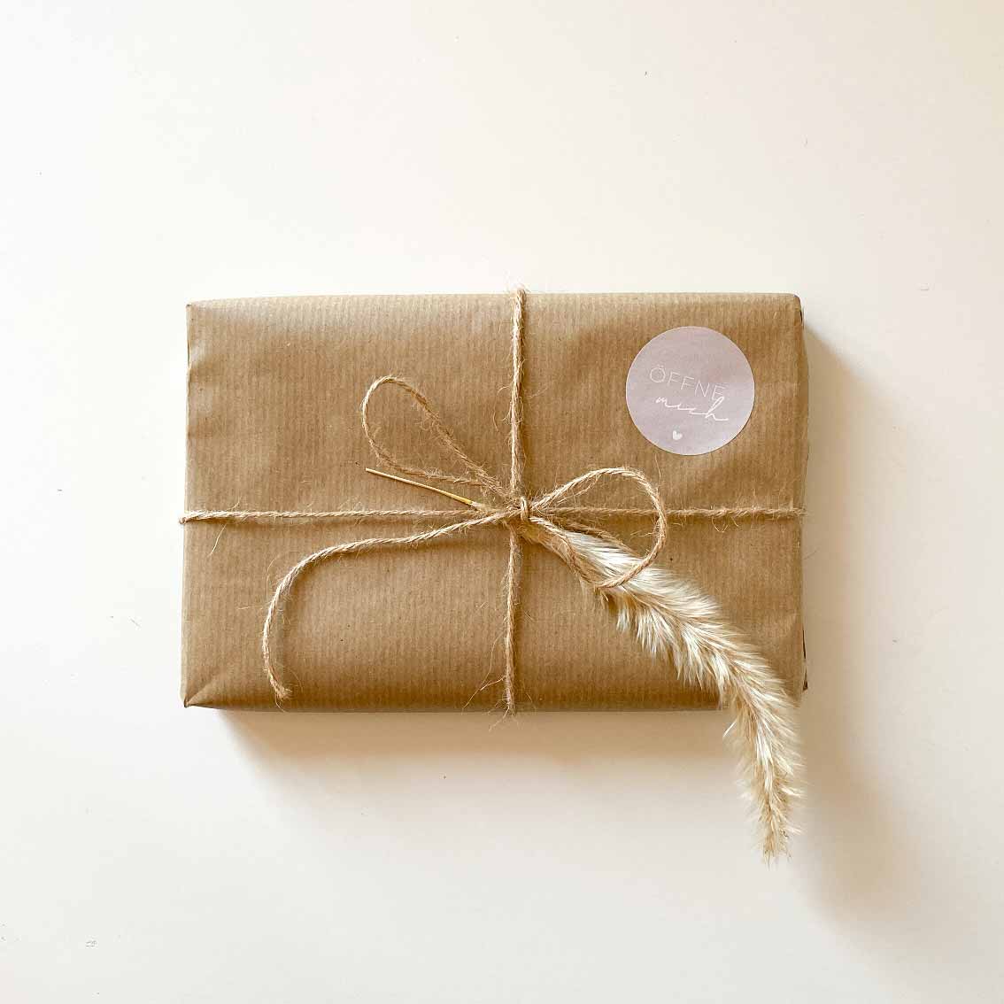 Aufkleber "Öffne mich" braun/grau 4 cm rund packsome